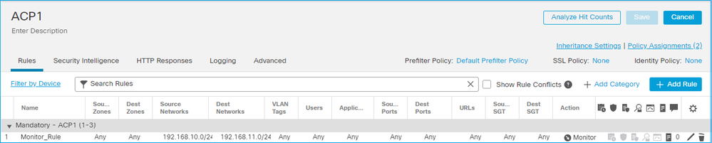 Uma regra de monitoramento configurada na interface do usuário do FMC