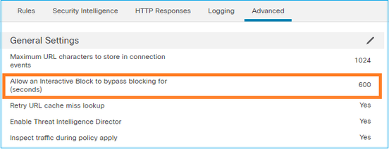 O firewall permite ignorar o bloco por 600 segundos