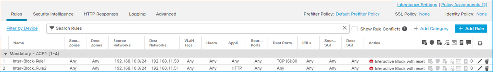 Um bloco interativo com regra Rest configurada na interface do FMC