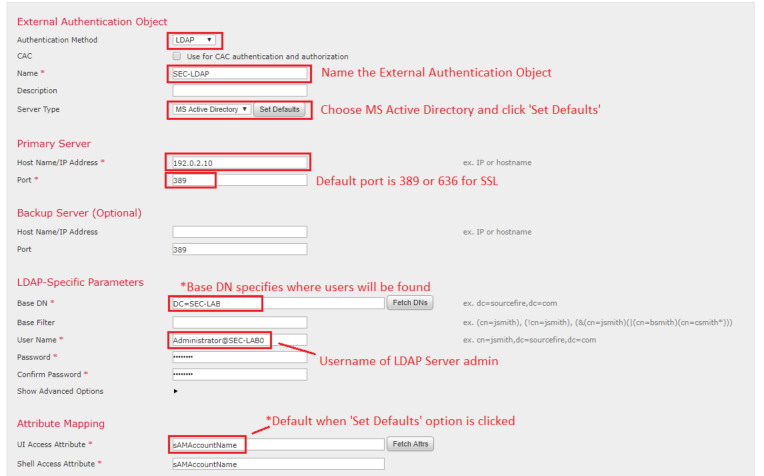 Complete Required Fields for External Authentication Configuration in Cisco FMC and FTD