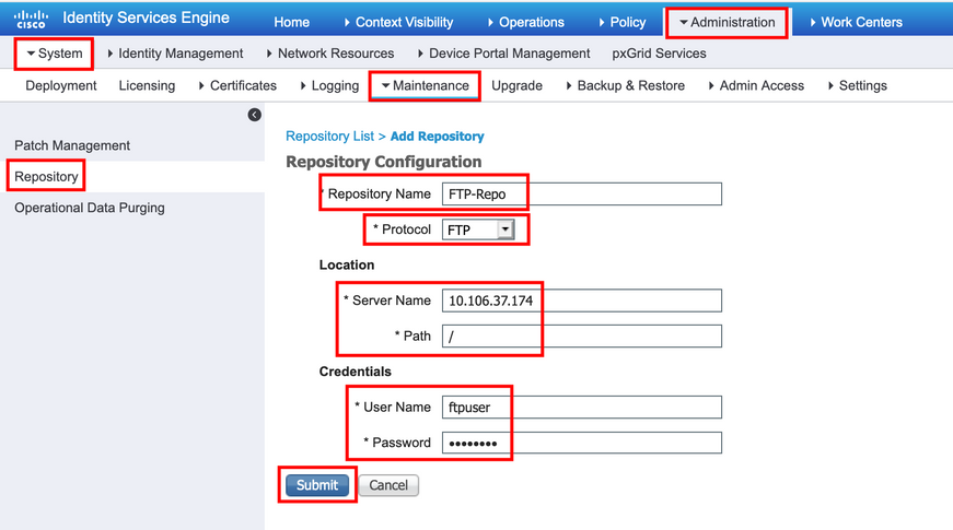 Geben Sie Konfigurationsparameter für ein FTP-Repository ein, und klicken Sie auf Submit (Senden).