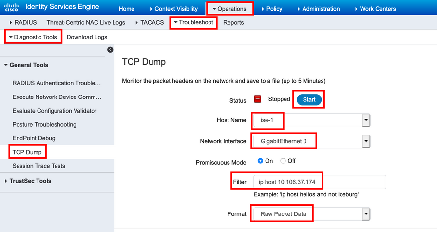 TCP 덤프에 대한 매개변수 입력