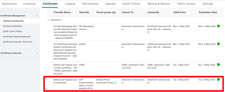 View ISE Self-Signed Certificates