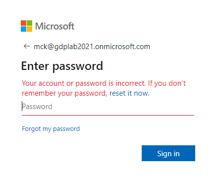 Password non corretta per l'accesso Microsoft