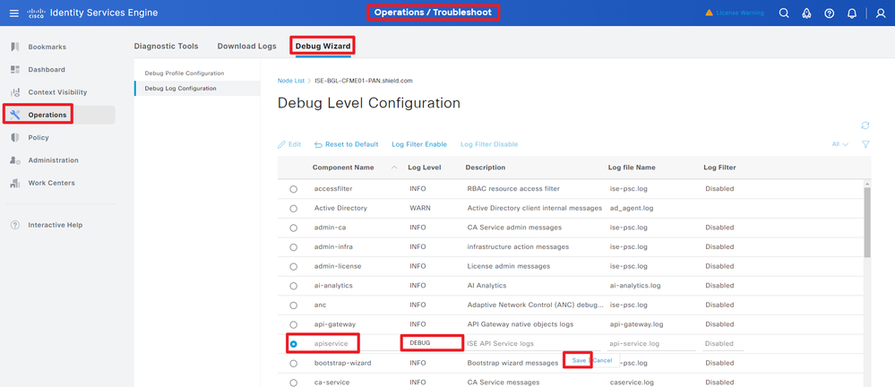 Debug del servizio API