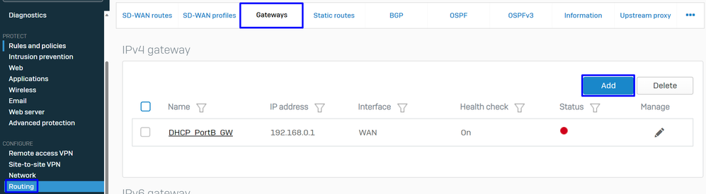 Sophos - Roteamento - Gateways