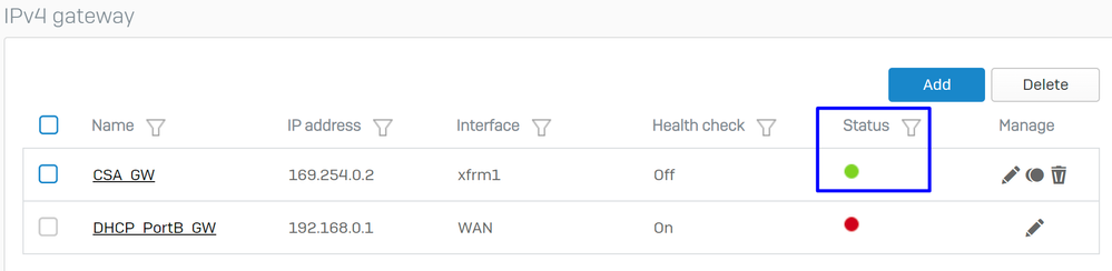 Sophos - Roteamento - Gateways - Status