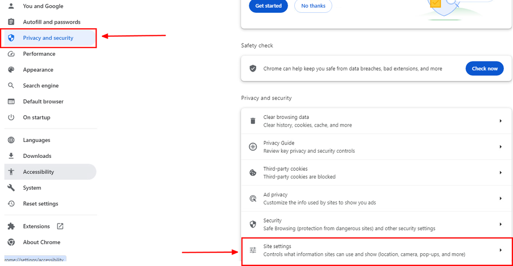 Google Chrome - site settings