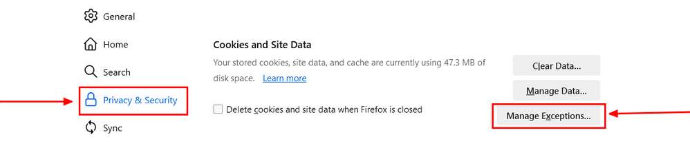 Mozilla Firefox - Gerenciar exceções