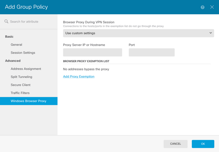 Use Custom Settings under Browser Proxy During VPN Session 옵션을 보여 주는 FDM의 그룹 정책 메뉴