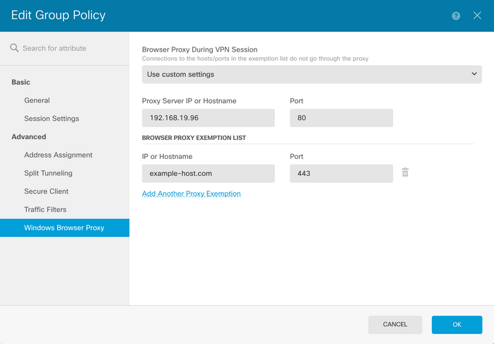 Group Policy Menu on FDM Showing example-host.com and Port 443 under Browser Proxy Exemption List