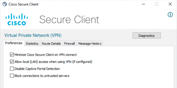 Cisco Secure Client Preferences Menu