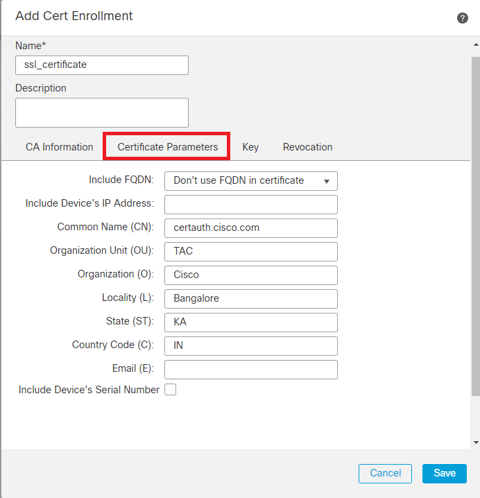 Add Certificate Parameters