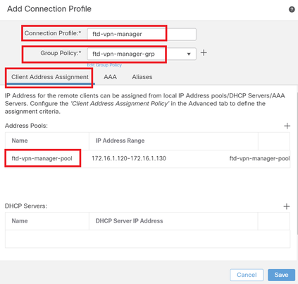 Details van verbindingsprofiel voor VPN-client voor Manager