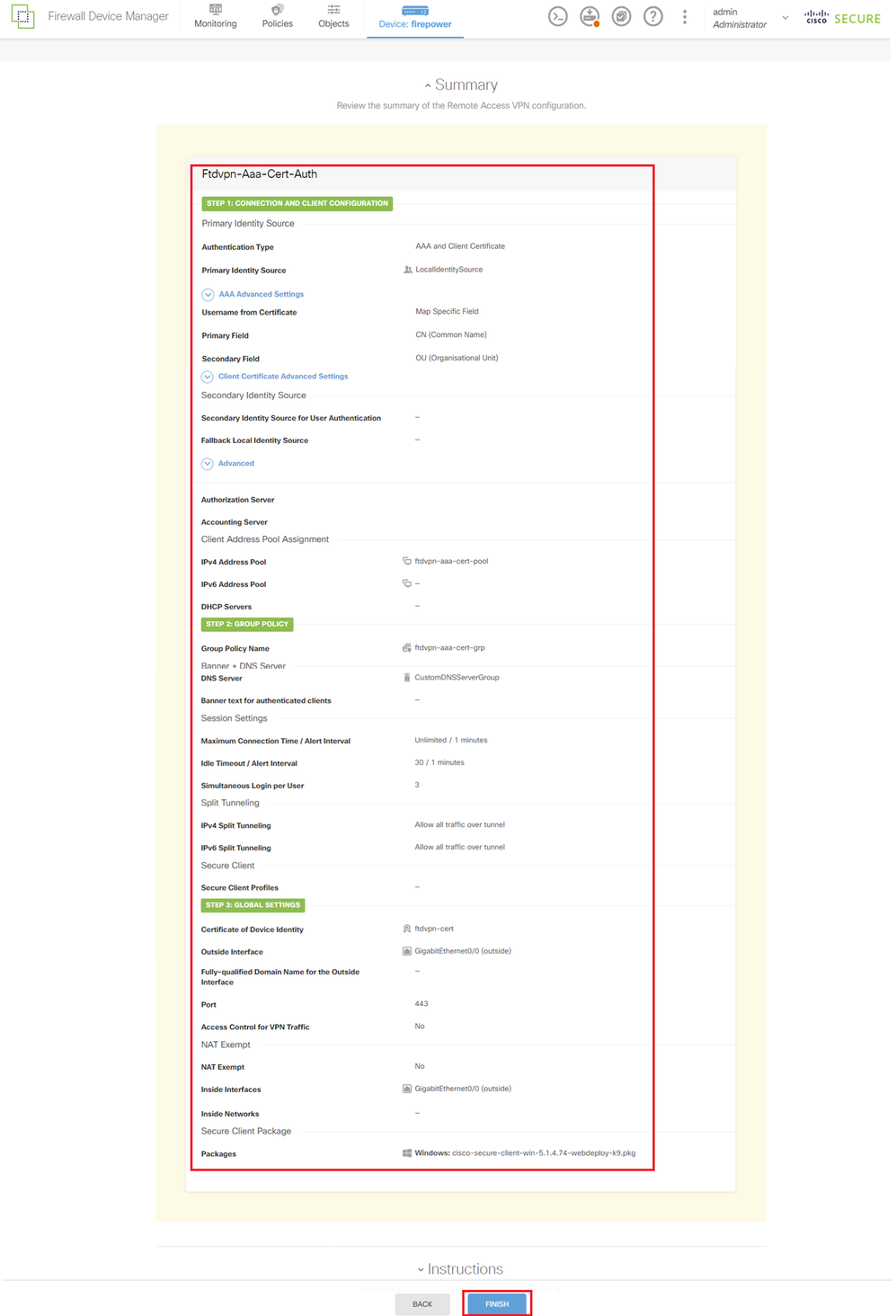 Confirm Settings for Connection Profile