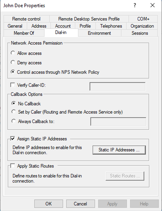 User Dial-in Properties