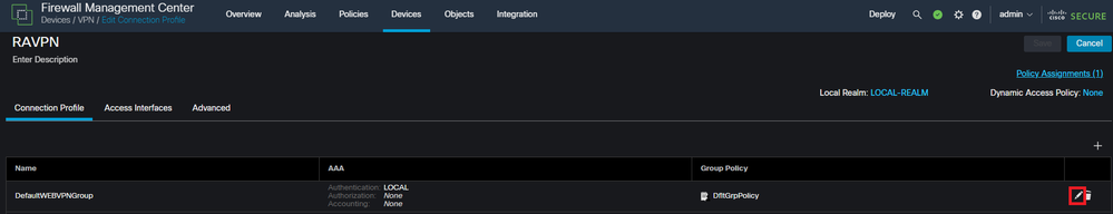 Displays how to edit the DefaultWEBVPNGroup within the FMC UI.