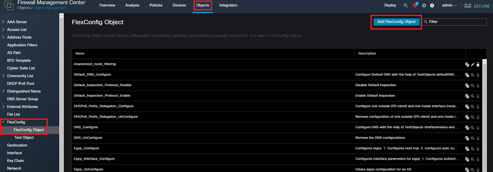 Navigating the FMC UI to create a FlexConfig object.