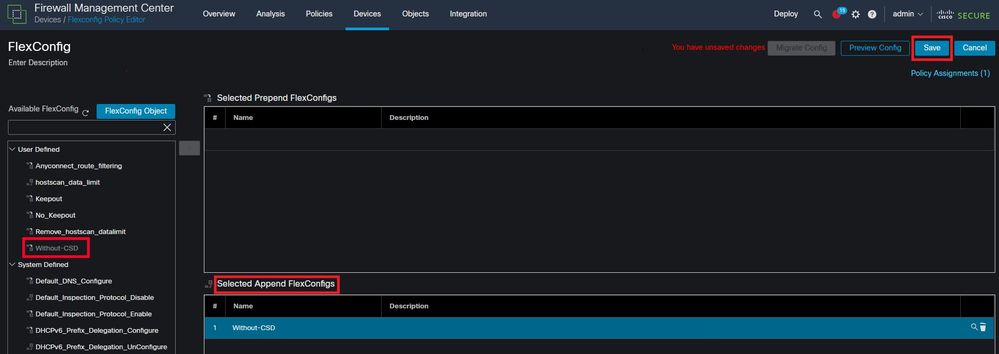 Attach the FlexConfig object to the FlexConfig Policy.