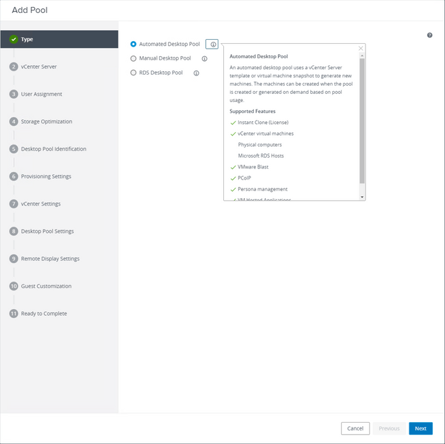 VmWare Horizon - Add Pool Type