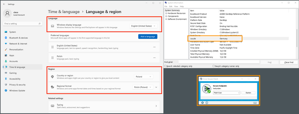 Three windows, Windows settings, msinfo32 and Cisco Secure Client in German