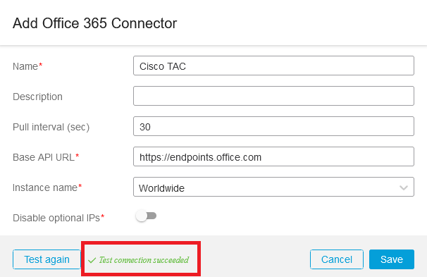 Configurazione connettore Office 365 CSDAC riuscita