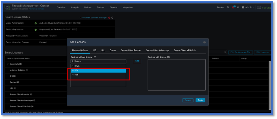 Caixa de diálogo Editar licenças em um FMC 7.3 com 4115 dispositivos em um cluster