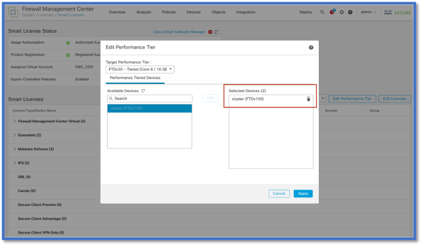 Para clusters FTDv, selecione todos os nós do cluster e atribua a camada de desempenho