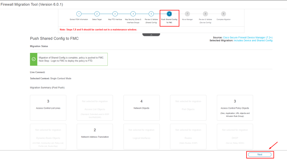 Push della configurazione condivisa in FMC completato