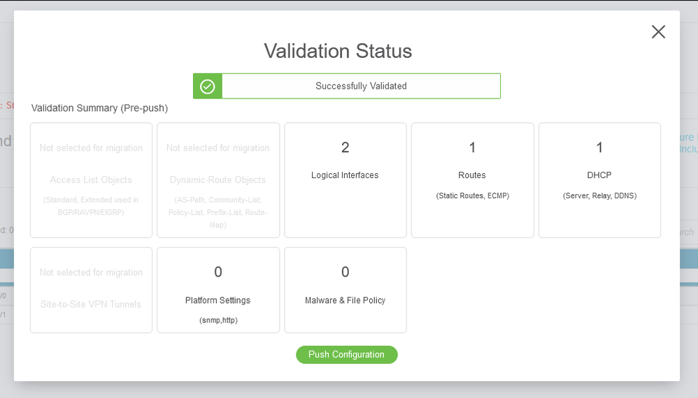 Stato convalida - Configurazione push.