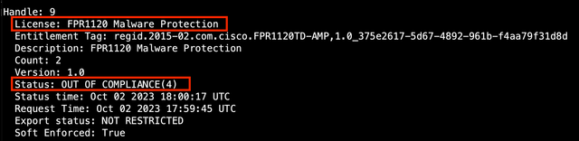 CLI sam.log output with out of compliance message