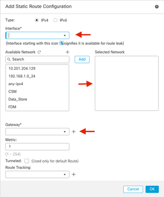 Configura route statica per FTD