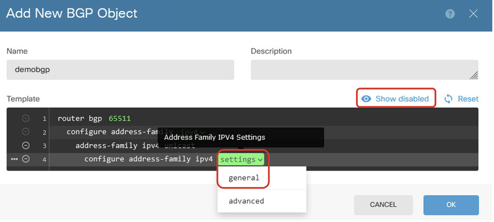 Create BGP Object Address Setting