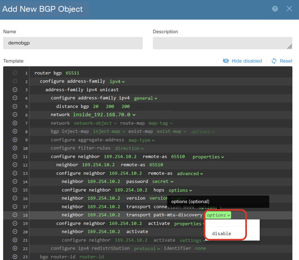 Create BGP Object Neighbor Setting Properties Advanced PMD