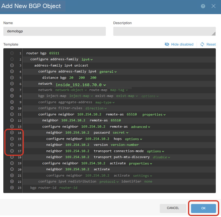 Create BGP Object Disable Lines