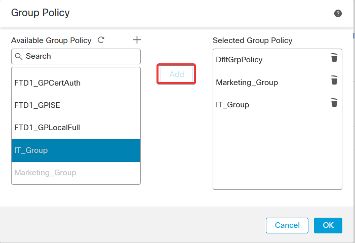 Select Group-Policies To Used on FMC Remote-Access-Advanced-Settings