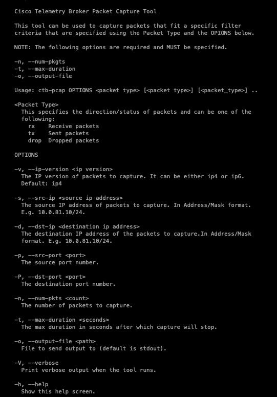 All available options for CTB packet capture tool