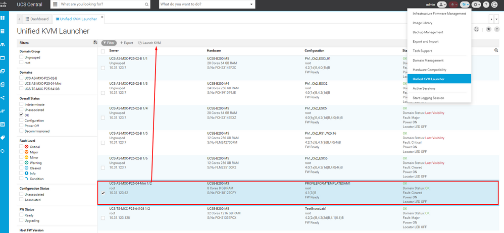 Launching KVM from Selected UCS Domain from UCS Central