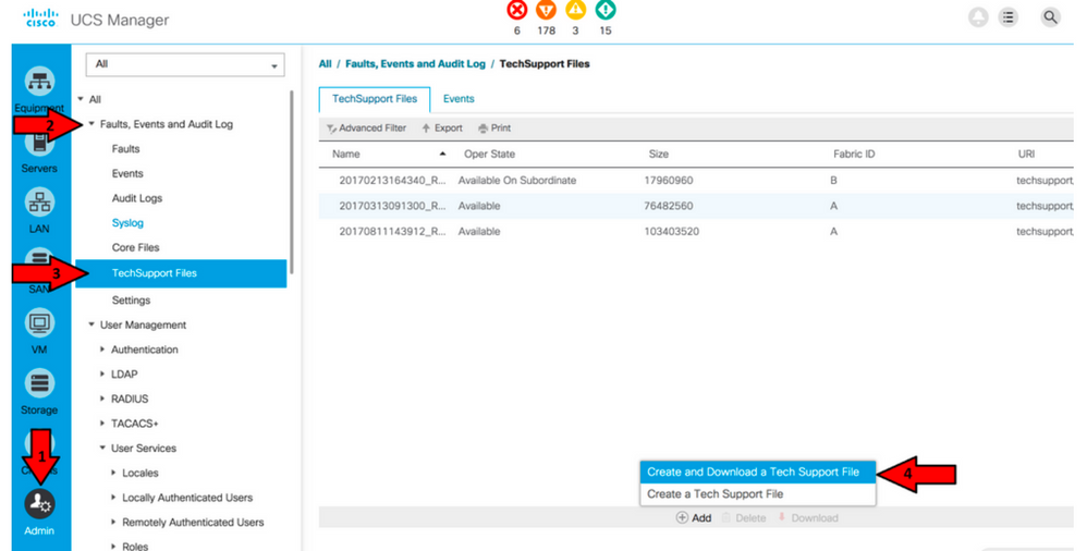 Navigieren Sie zu TechSupport-Dateien, und klicken Sie auf Create and Download a Tech Support File (Datei für technischen Support erstellen und herunterladen).