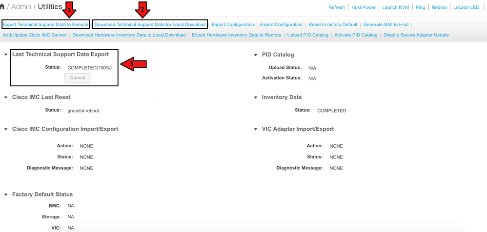 Exportoptionen und Status des letzten Datenexports des technischen Supports