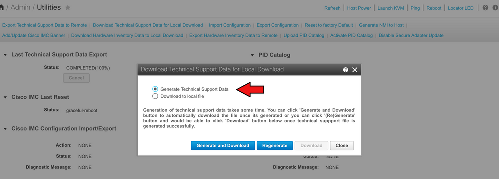 Selecione Gerar dados de suporte técnico e clique em Gerar e fazer download