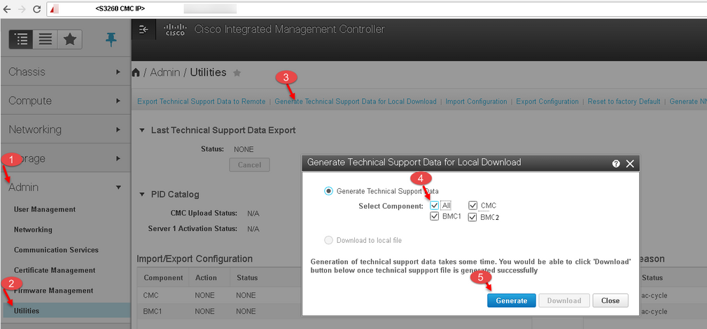 Generate Technical Support Data for Local Download(UCS S Series의 로컬 다운로드를 위한 기술 지원 데이터 생성) 대화 상자