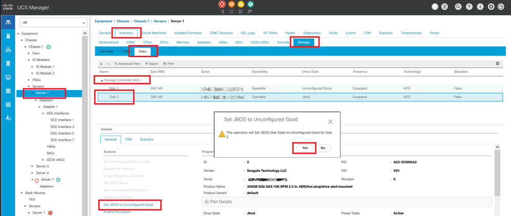 UCSM GUI configuring drive to Unconfigured Good