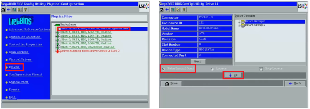 WebBios utility configuring drive to Unconfigured Good