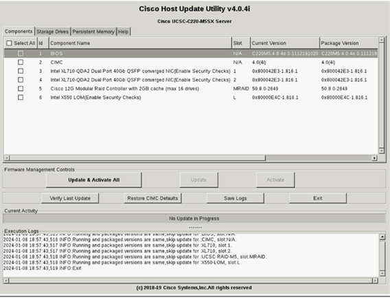 Host Update Utility Screen Indicating that the Existing Firmware is the same as the Packaged Versions