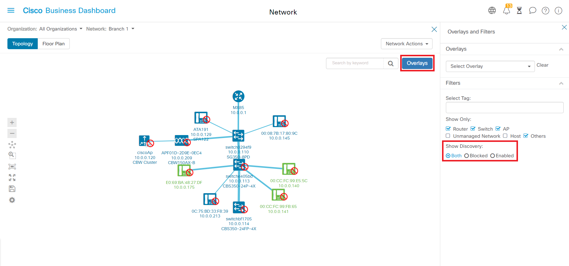 If Show Discovery filter is set to Both, the topology map shows allowed and blocked devices. 