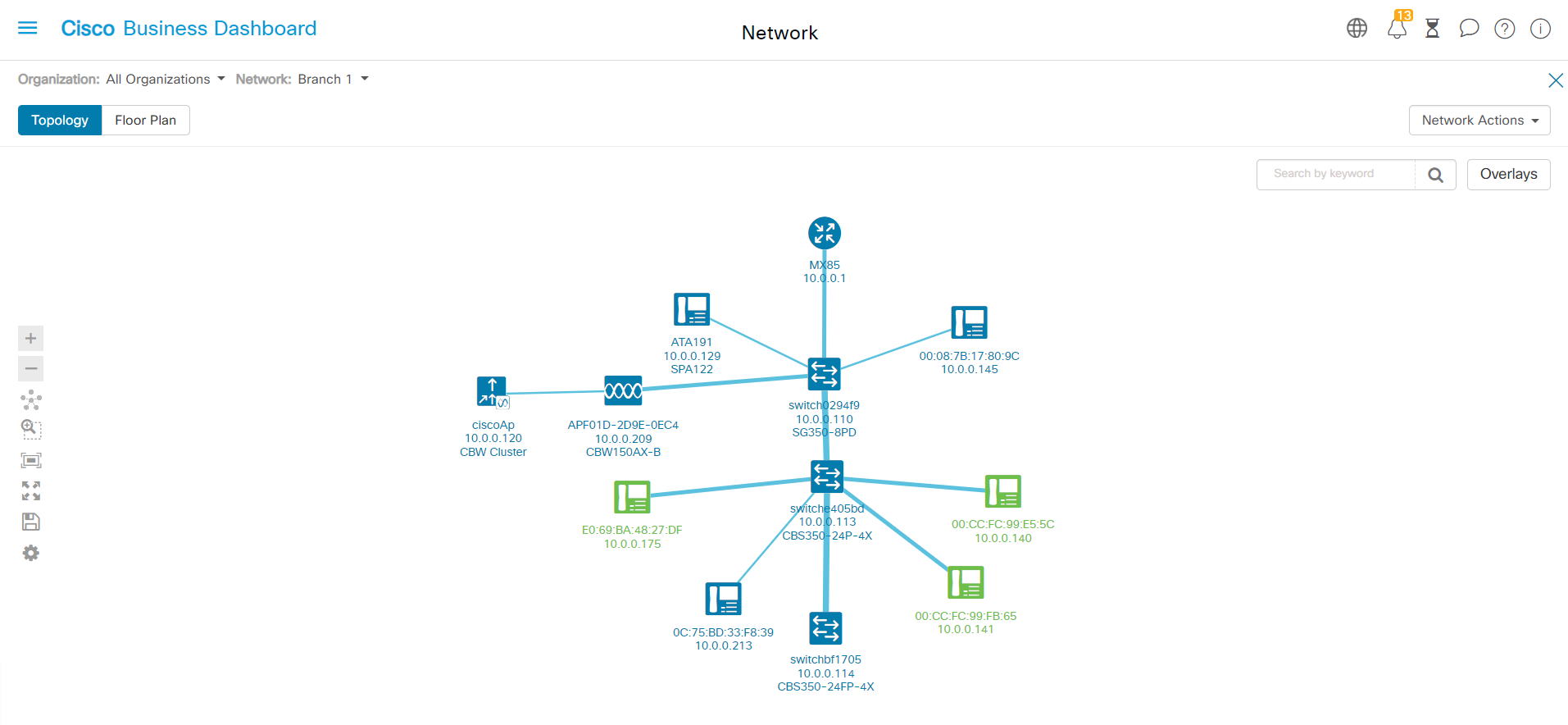  Here is an example of a topology map for a small network where there aren't any limits to network discovery. 