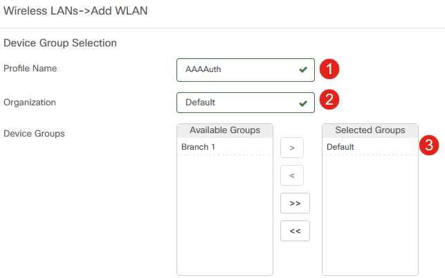 Enter the Profile Name, Organization and configure Device Groups to apply the settings to the wireless devices in the group. 