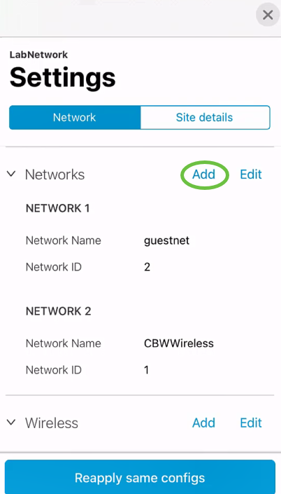 In the Networks tab, click Add. 