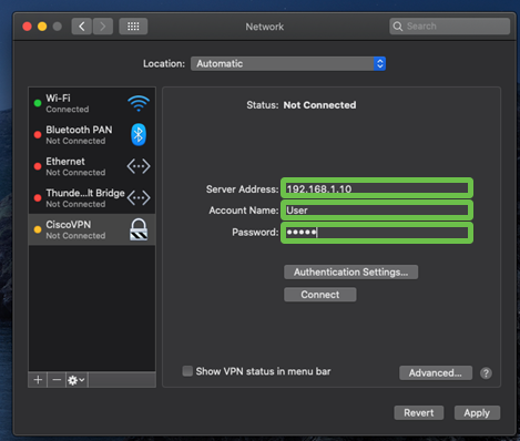 Depicts screenshot of authentication process for the tunnel. Server addres, Account name and Password are higlighted. 